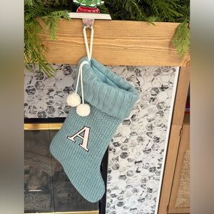Blue Knit Monogram Christmas Stocking with Pom Poms
